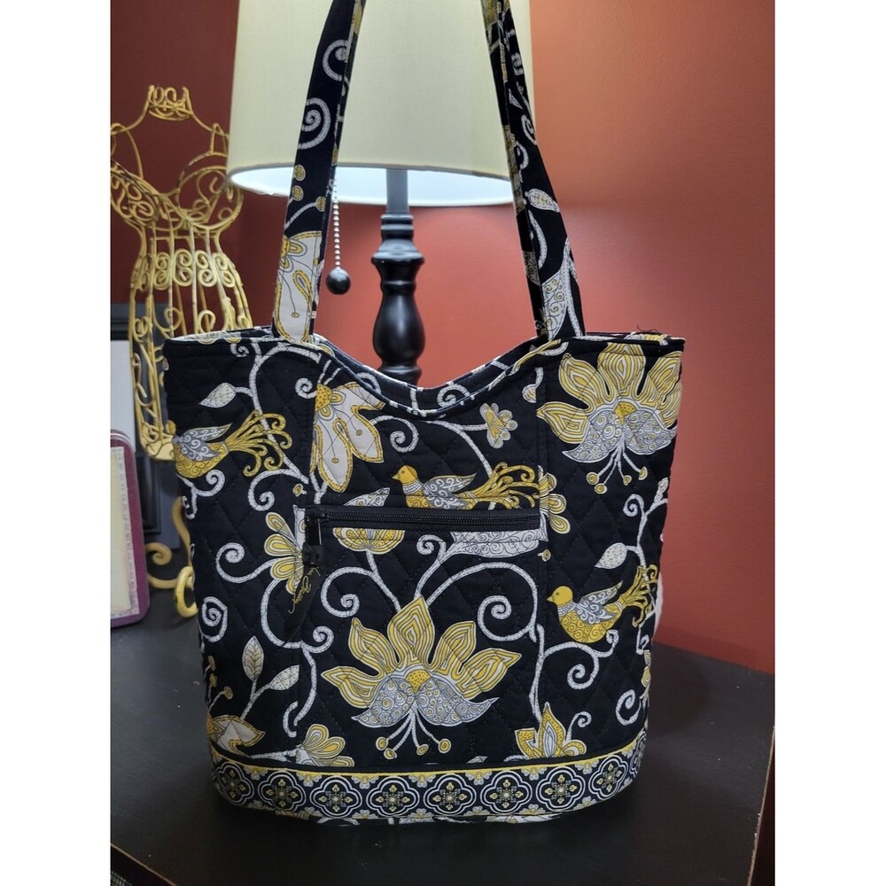 Vera Bradley Tote Bag Women Small Black Yellow Excellent Yellow Bird Quilted Bag - Picture 2 of 9